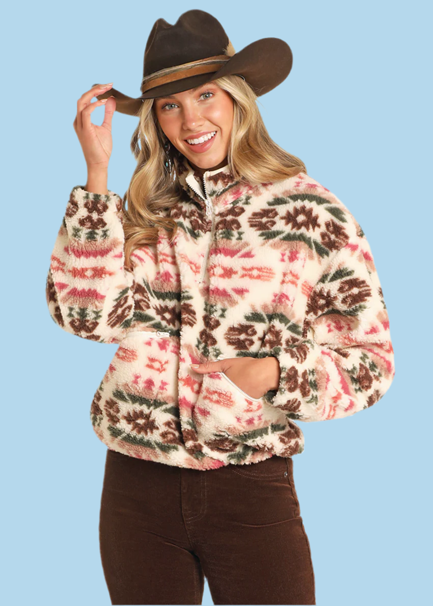 Rock&Roll Womens Cream Aztec Print Sherpa Pullover Pink/Green