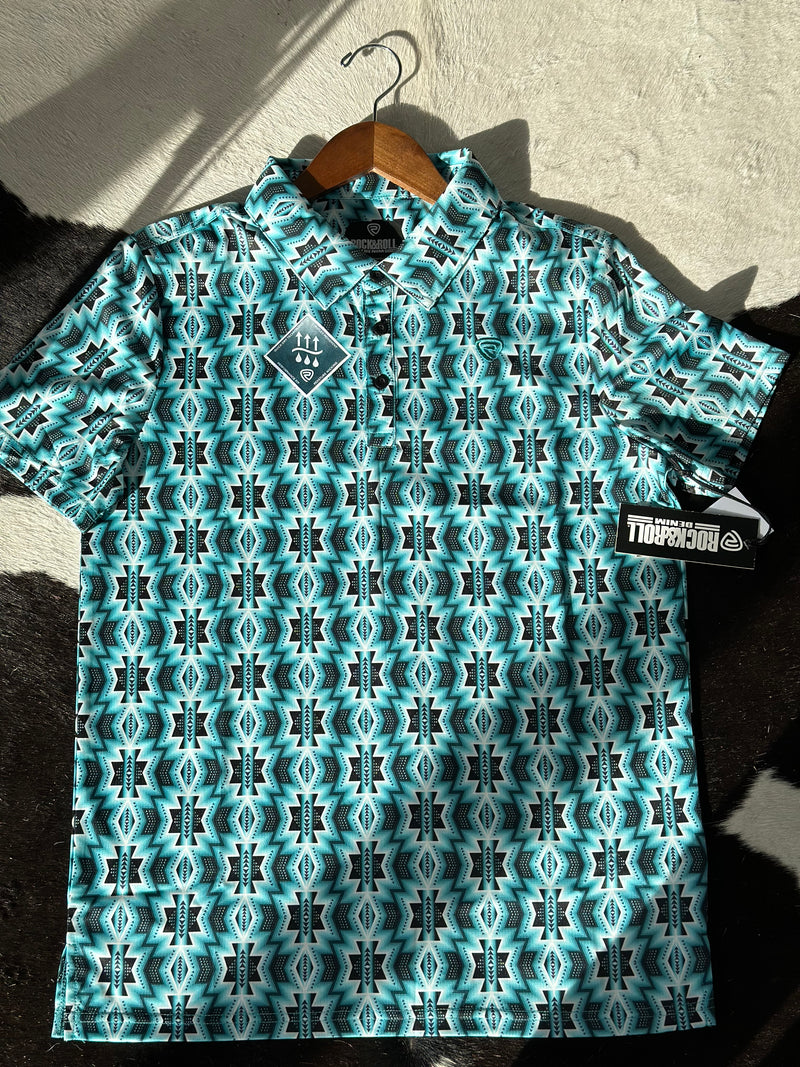 ROCK&ROLL TURQUOISE PRINTED AZTEC POLO SHORT SLEEVE SHIRT 3966