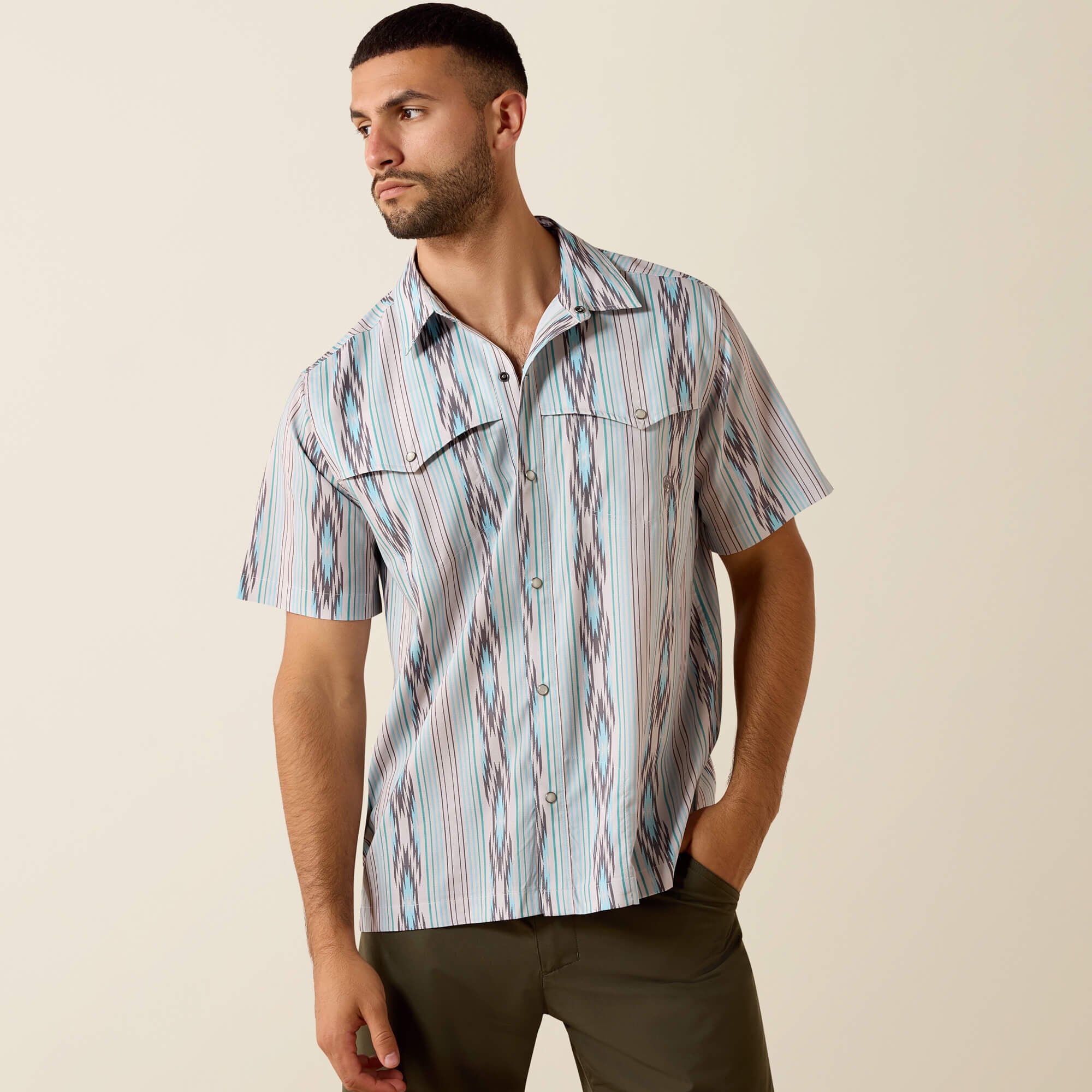 ARIAT MEN PRINTED VENTTEK WESTERN YOKE SS SNP SHRT MOONBEAM 10071047