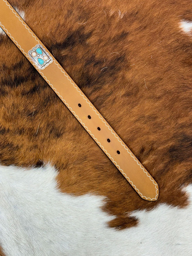 ANGEL RANCH BELT TAN TURQUOISE & WHITE STONE SQUARE