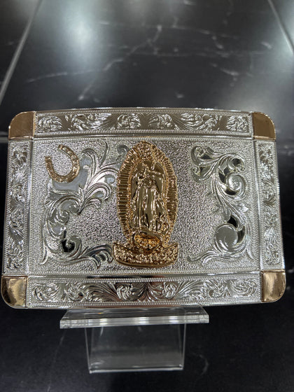 SILVER RECTANGLE BUCKLE W/ GOLD VIRGIN OF GUADALUPE & HORSE SHOE