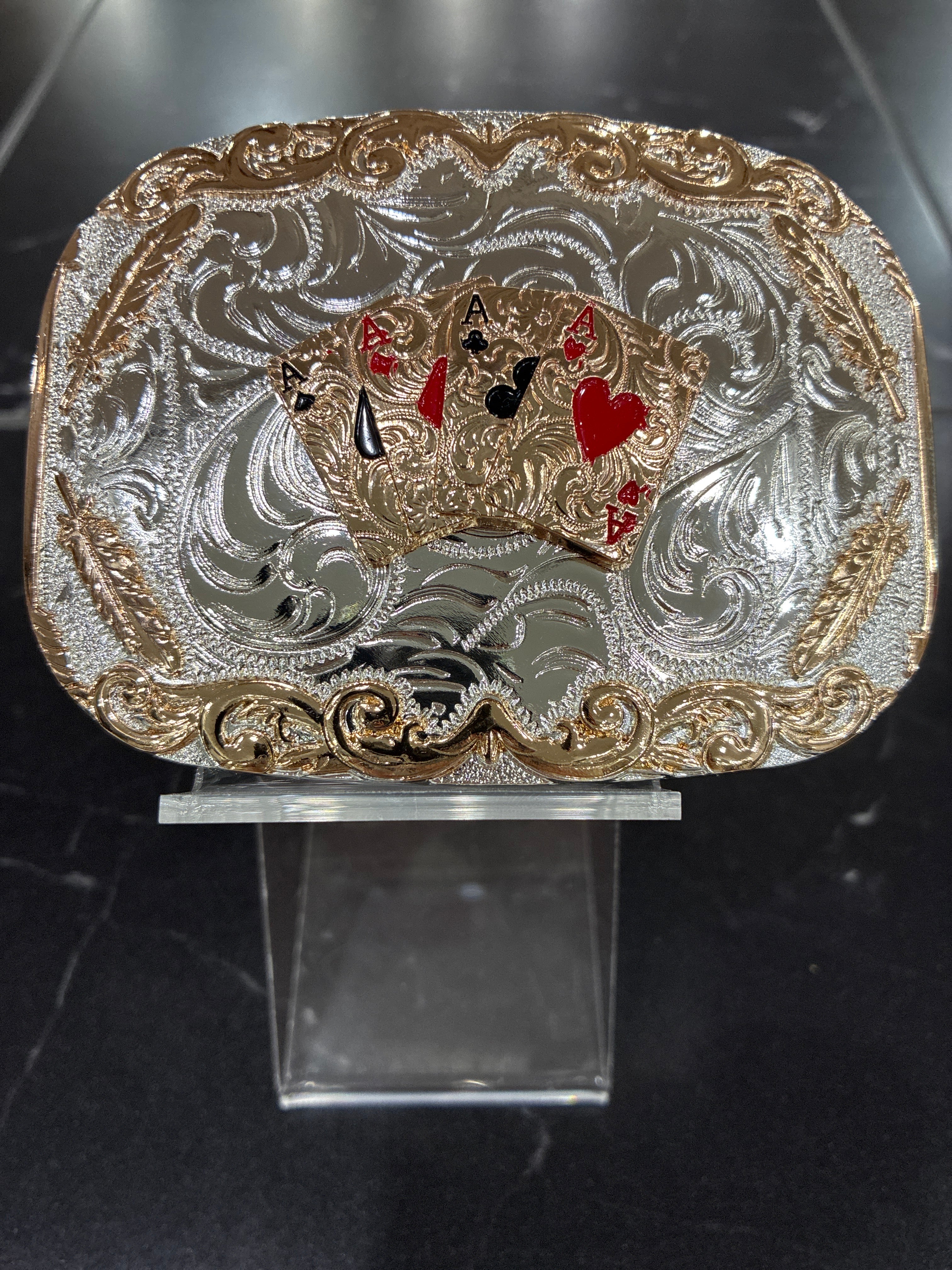 SILVER WITH COPPER DESIGNS ACES BUCKLE