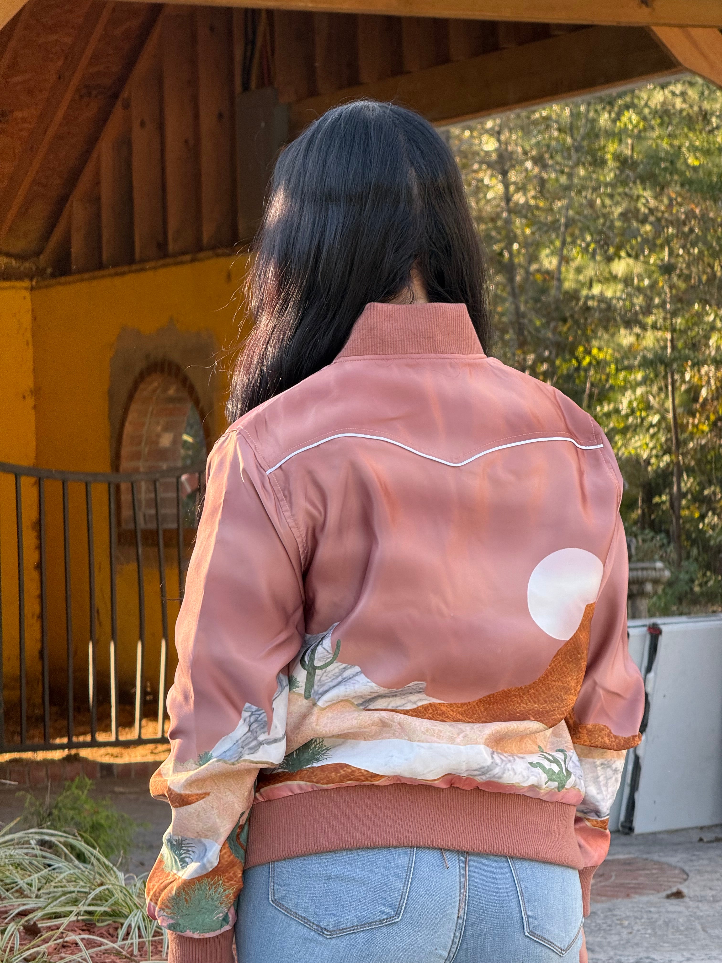 HOOEY LADIES BOMBER JACKET PINK WITH DESERT LANDSCAPE