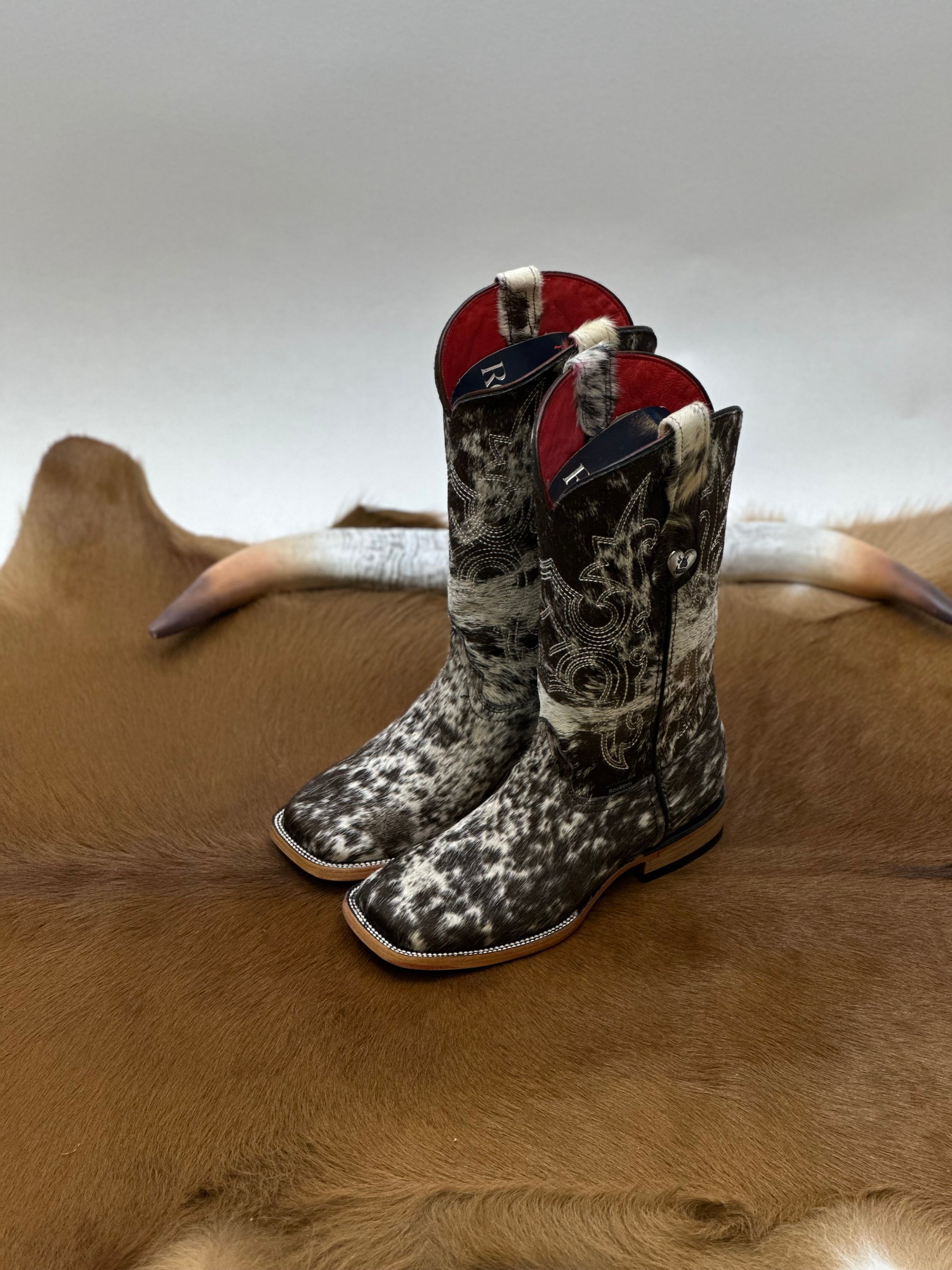 ROCKEM WOMENS KATHERINE BROWN & WHITE COWHIDE TOP BOOT (EVERY PAIR IS UNIQUE) RED BOTTOM