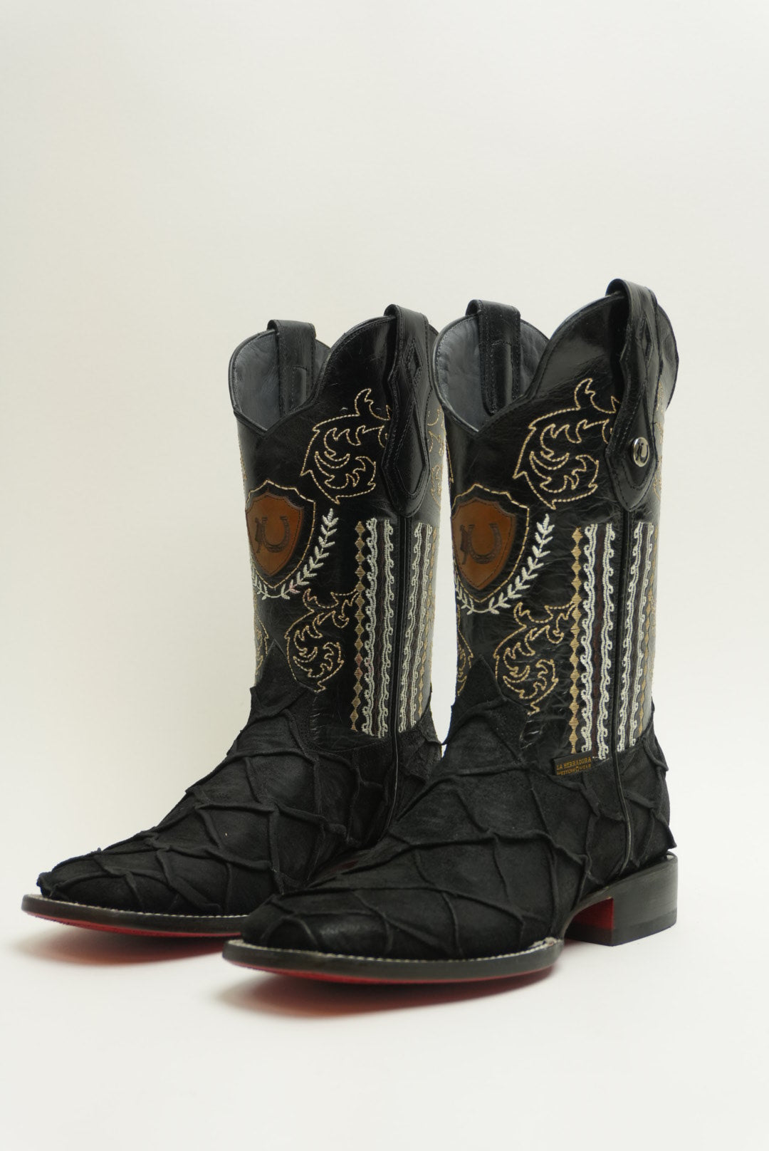 LA HERRADURA MENS DANIEL PIRARUCU DOBLILLADO GAM NEGRO RED BOTTOM SQUARE TOE BOOT