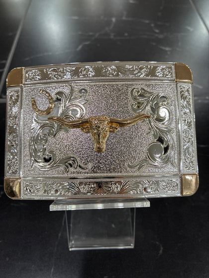 SILVER RECTANGLE BUCKLE W/ GOLD LONGHORN & HORSE SHOE