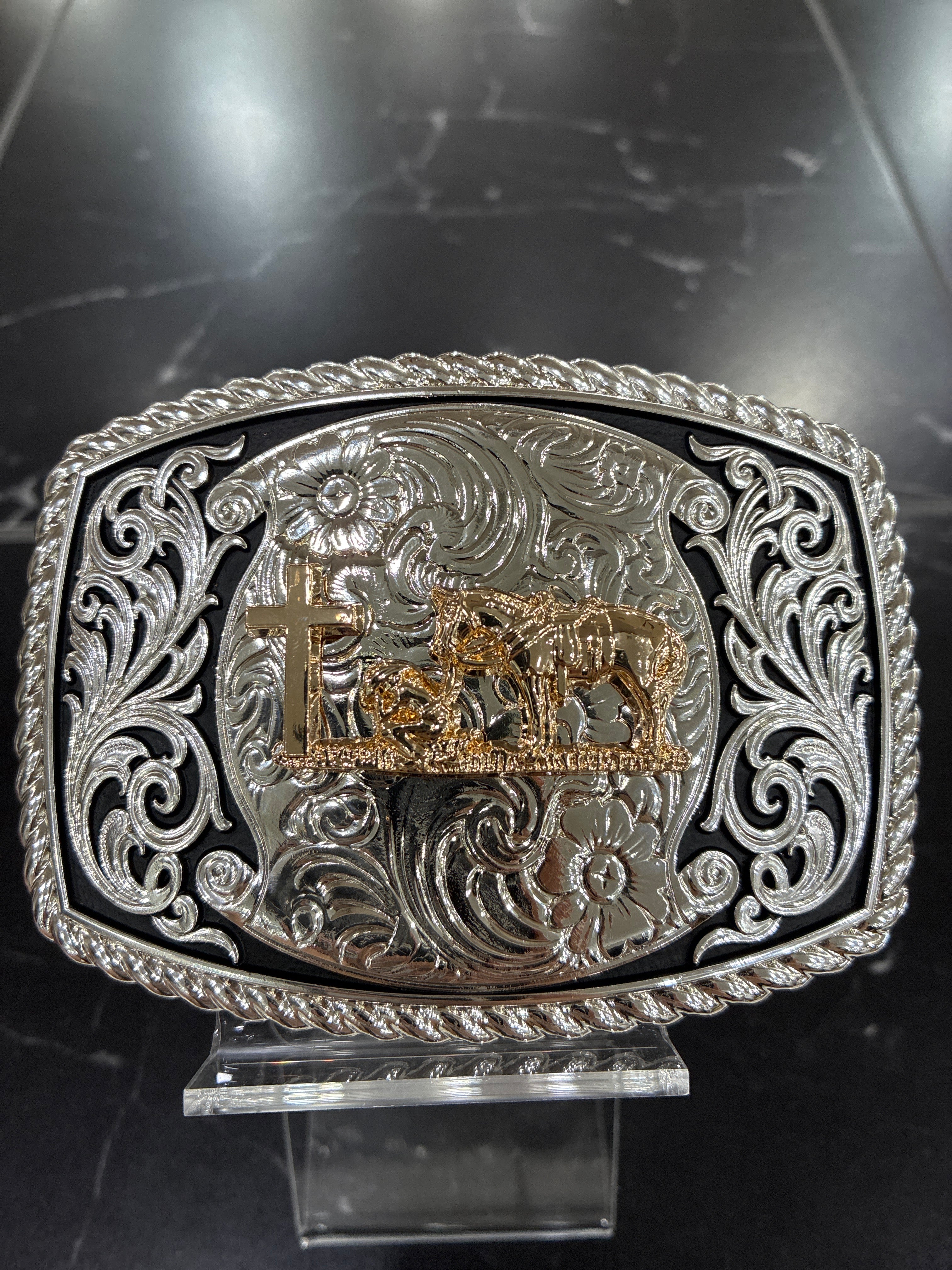 SILVER & BLACK SQUARED BUCKLE W/ GOLD PRAYING COWBOY