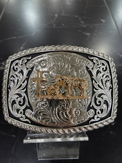 SILVER & BLACK SQUARED BUCKLE W/ GOLD PRAYING COWBOY