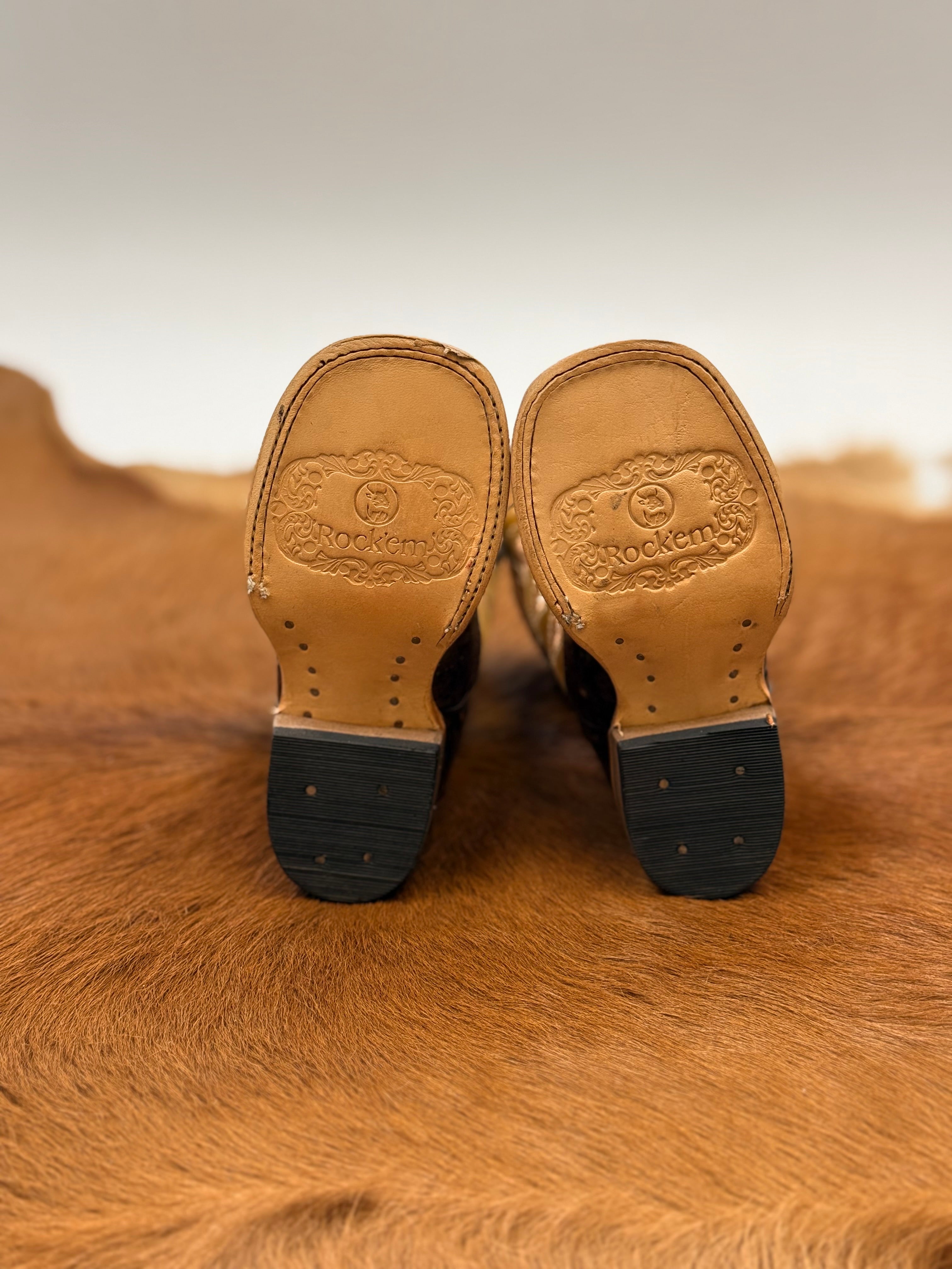 ROCKEM KIDS BROWN TUBE YELLOW PRO-RODEO OSTRICH SQ. TOE