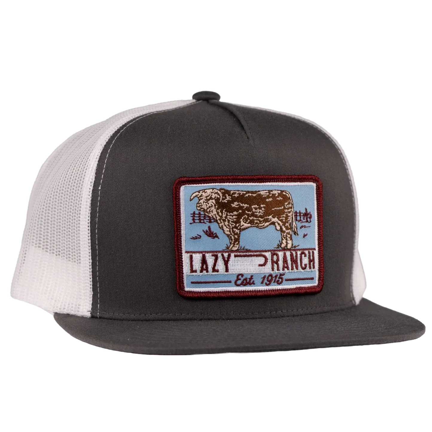 LAZY J RANCH CAP GREY & WHITE BLUE BULL TRAP CLASSIC FIVE PANEL TRUCKER HAT