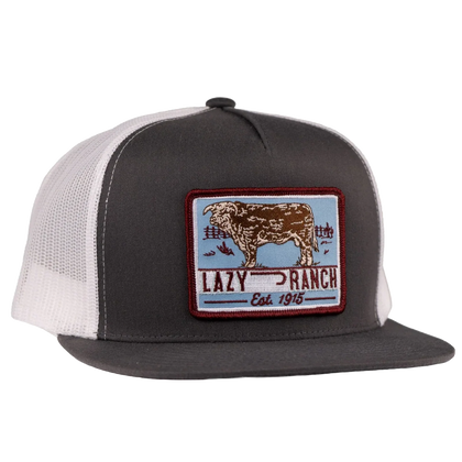 LAZY J RANCH CAP GREY & WHITE BLUE BULL TRAP CLASSIC FIVE PANEL TRUCKER HAT