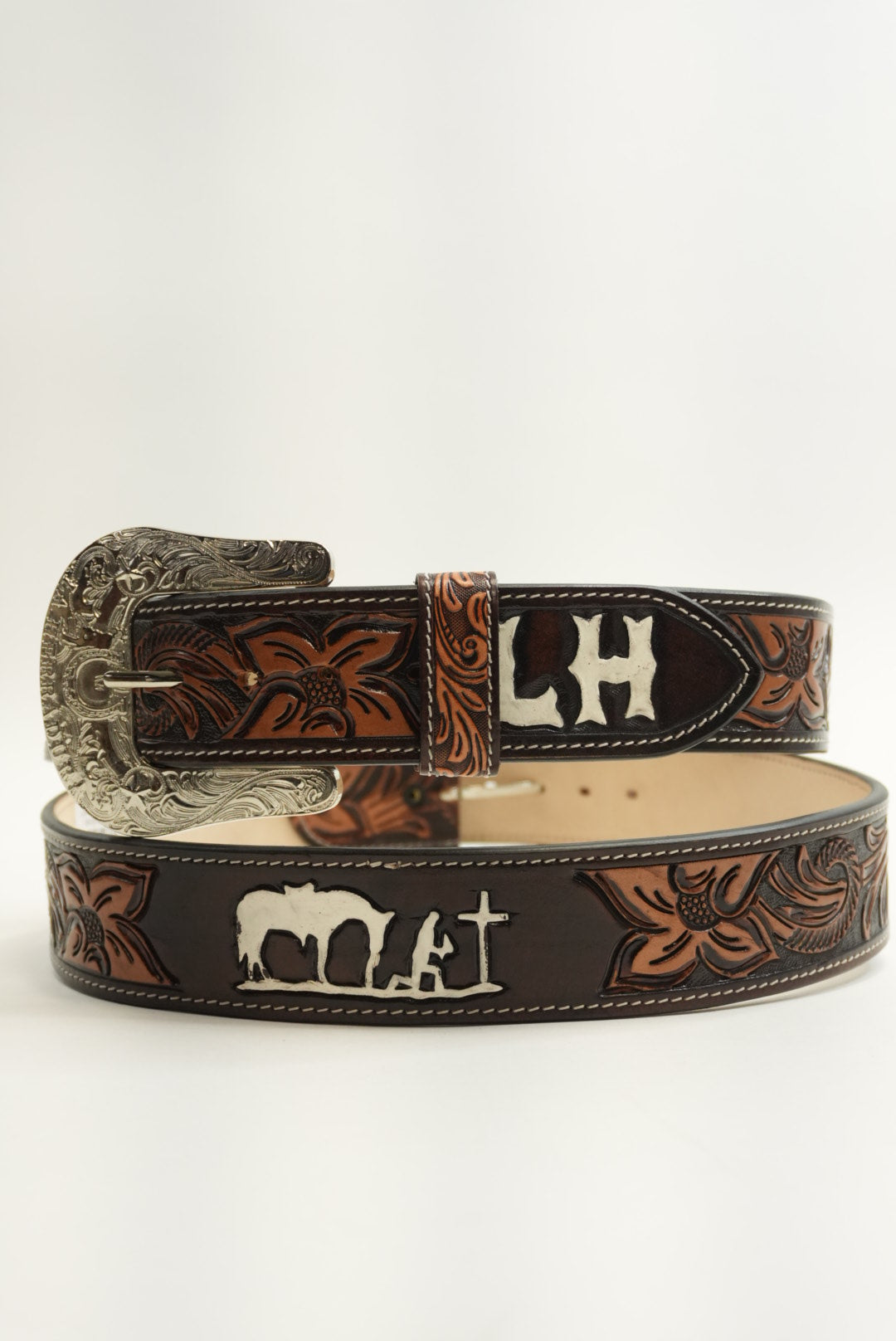 LA HERRADURA BELT 2 INCH BROWN WITH FLOWERS LH NEW DESIGN