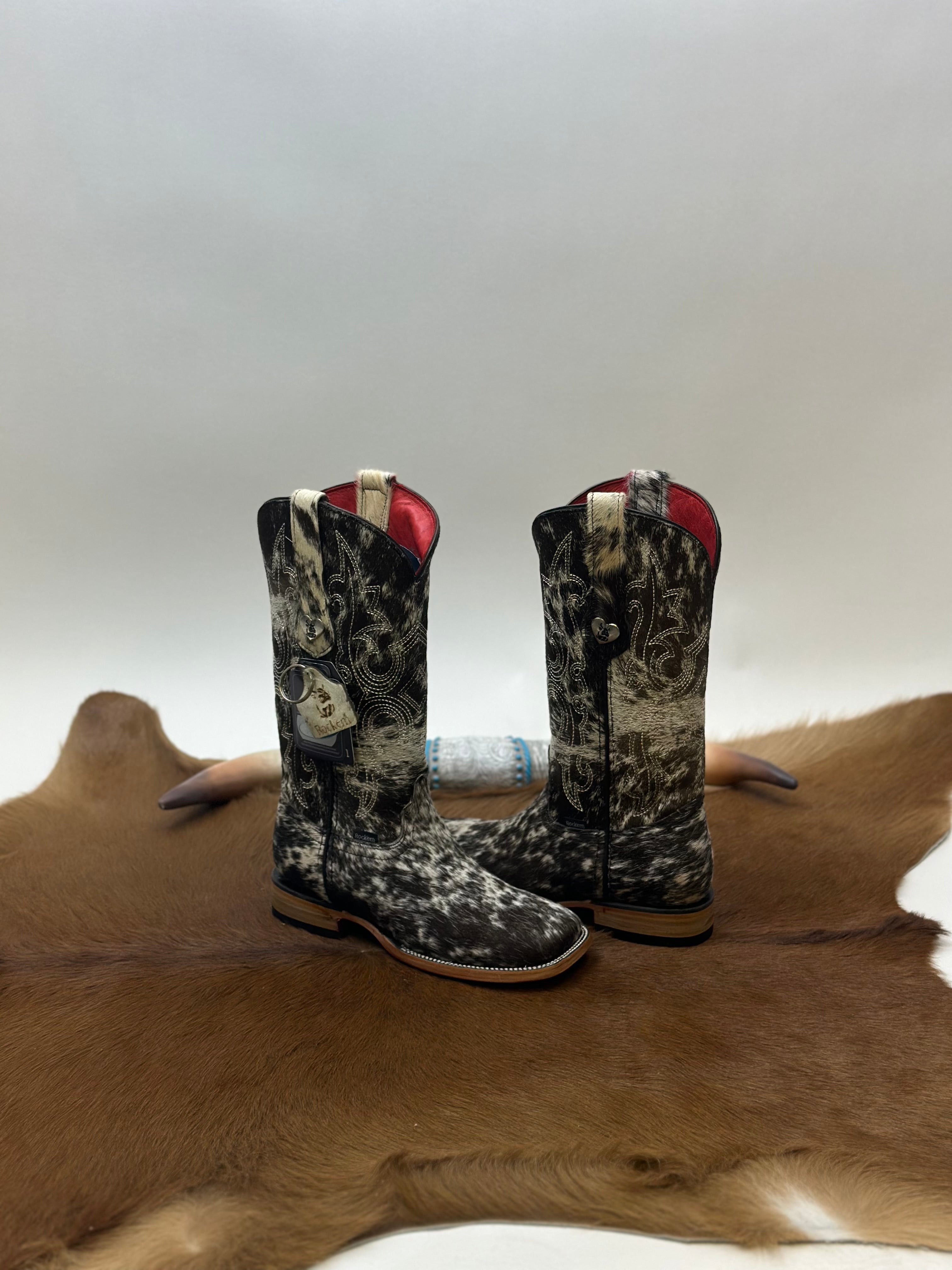 ROCKEM WOMENS KATHERINE BROWN & WHITE COWHIDE TOP BOOT (EVERY PAIR IS UNIQUE) RED BOTTOM