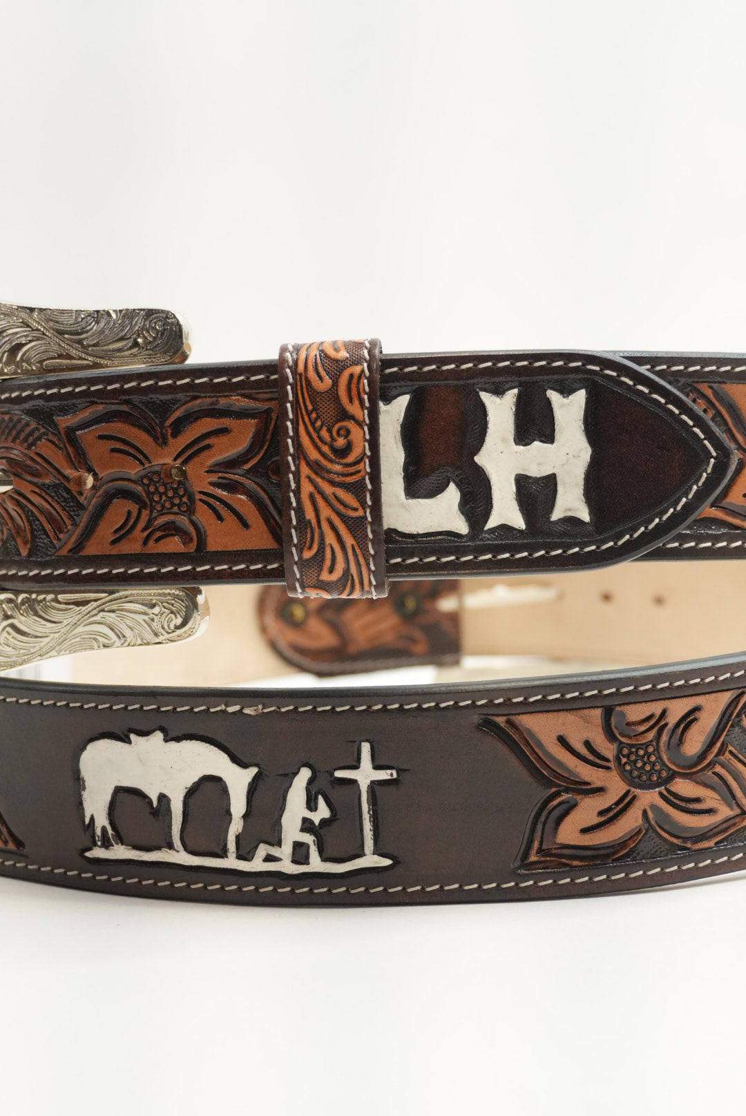 LA HERRADURA BELT 2 INCH BROWN WITH FLOWERS LH NEW DESIGN