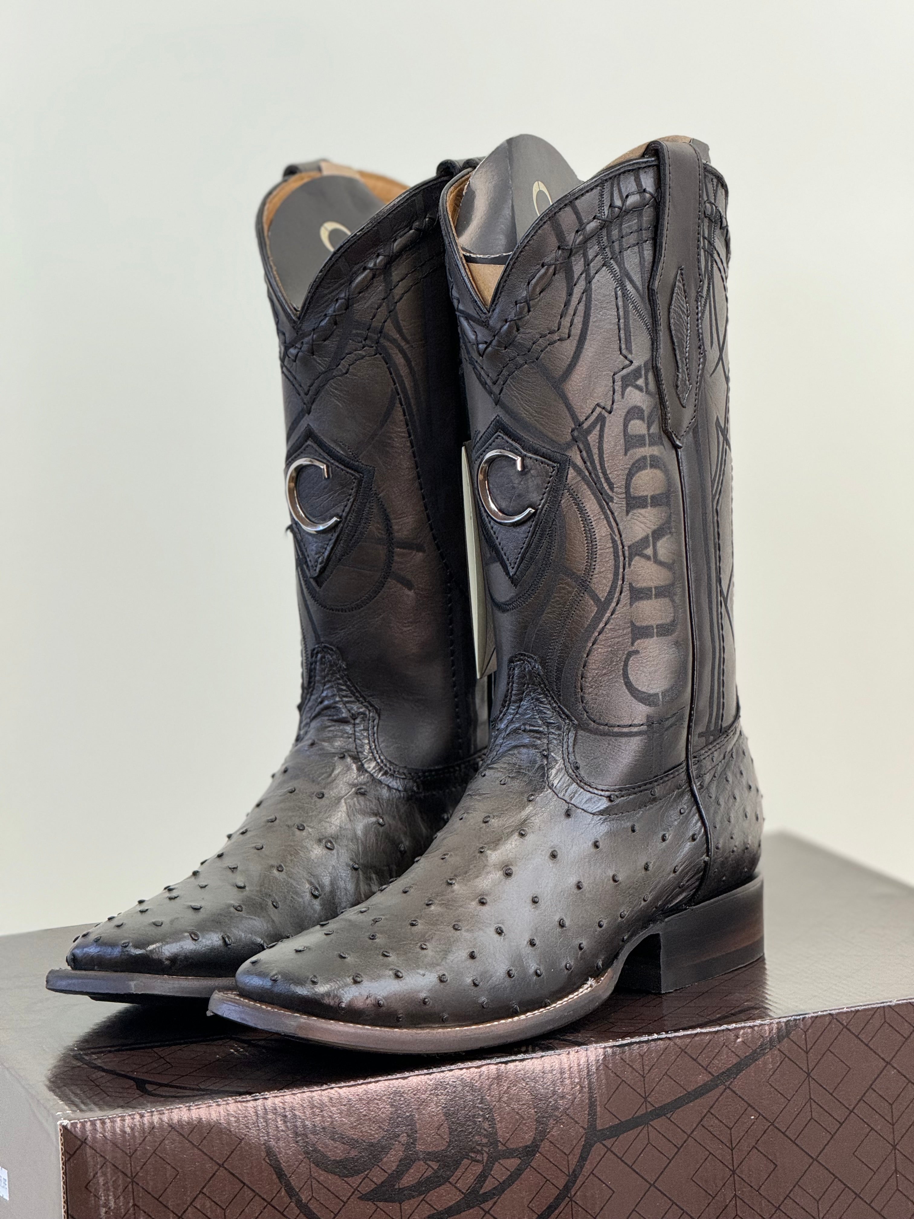 CUADRA BOOTS OSTRICH GREY LASER & EMBROIDERY SQUARE TOE