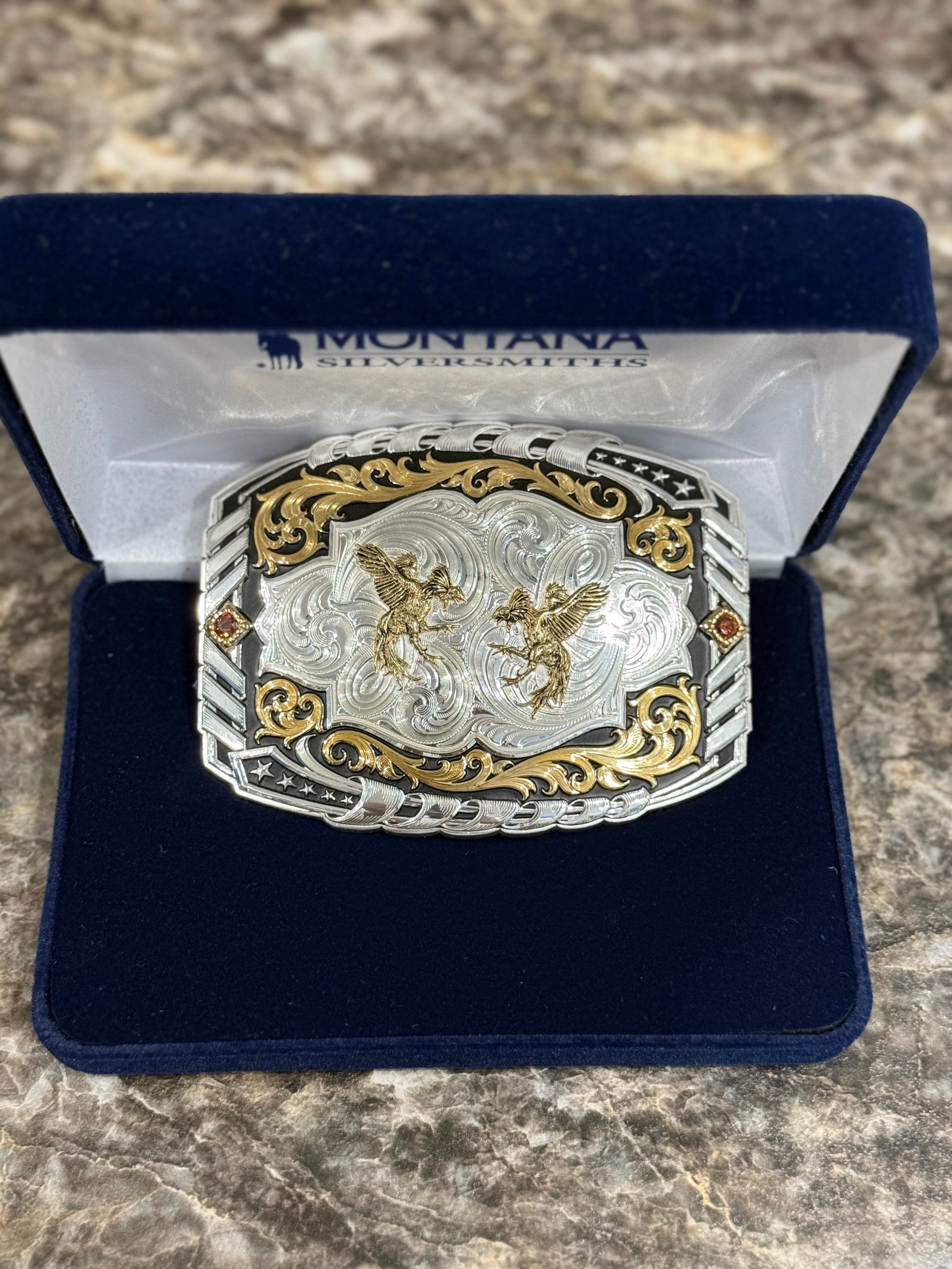 MONTANA SILVERSMITHS 2 GALLOS SQUARE SILVER  BUCKLE