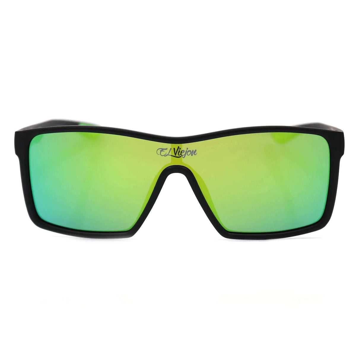 Sunglasses with green reflective lenses and black frame 