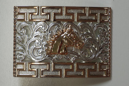 HEBILLA CUADRADA CON CABALLO DE PLATA Y ORO
