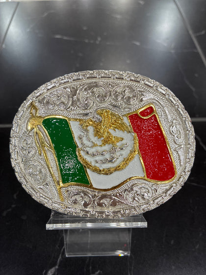 MEXICO FLAG SILVER ROUND BUCKLE