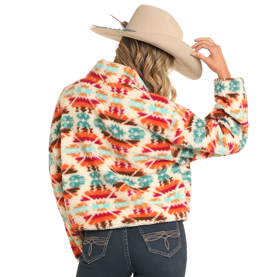 Rock&Roll Womens Cream Aztec Print Sherpa Pullover