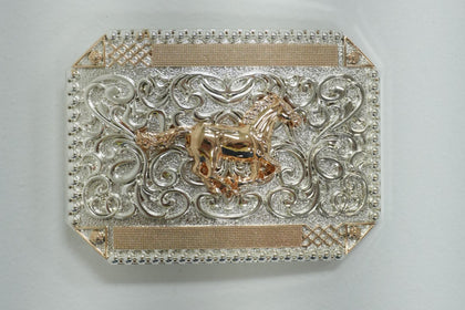 HEBILLA CUADRADA CABALLO AL GALOPE ORO ROSA PLATA