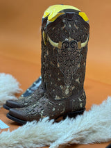 CORRAL BROWN GLITTER INLAY BULL SKULL EMBROIDERED POINT TOE BOOT A4407