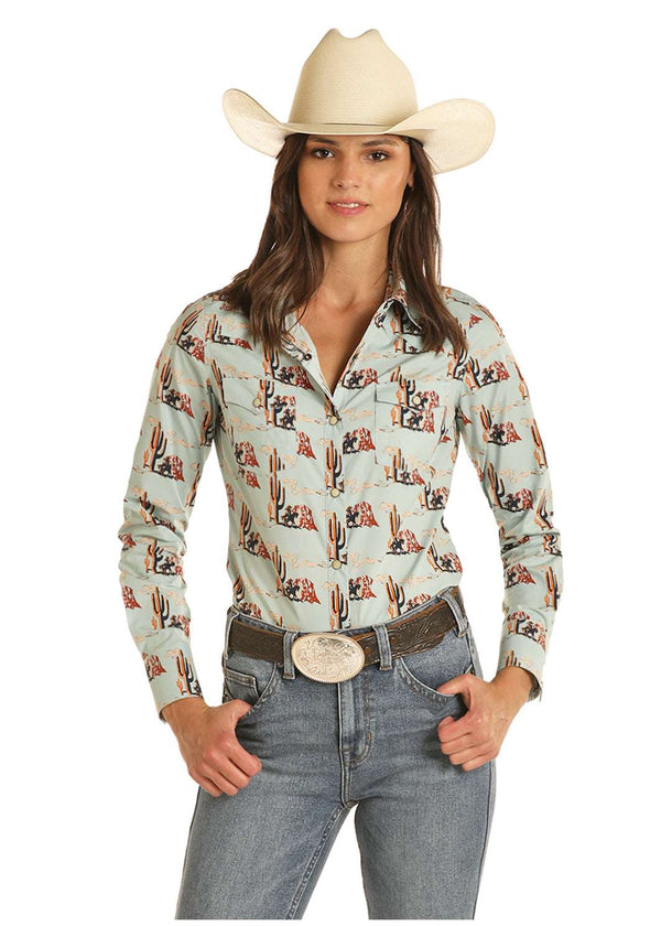 ROCK&ROLL WOMEN AQUAMARINE JUNIORS LS SNAP B4S3325
