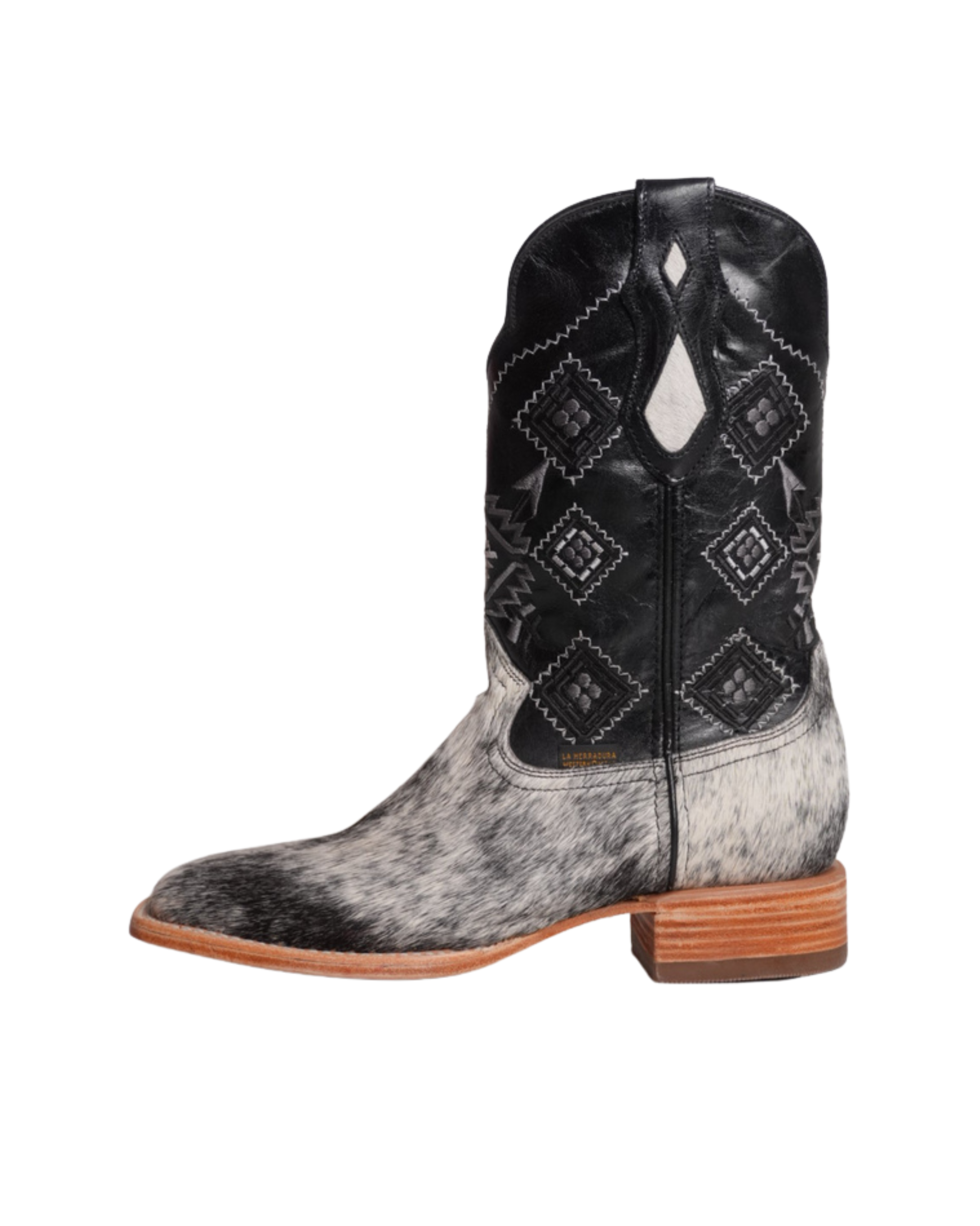 BOTA NUEVA DE HOMBRE LA HERRADURA DANIEL DE PIEL DE VACA CON PELO PINTO NEGRO BARZA AC NAT