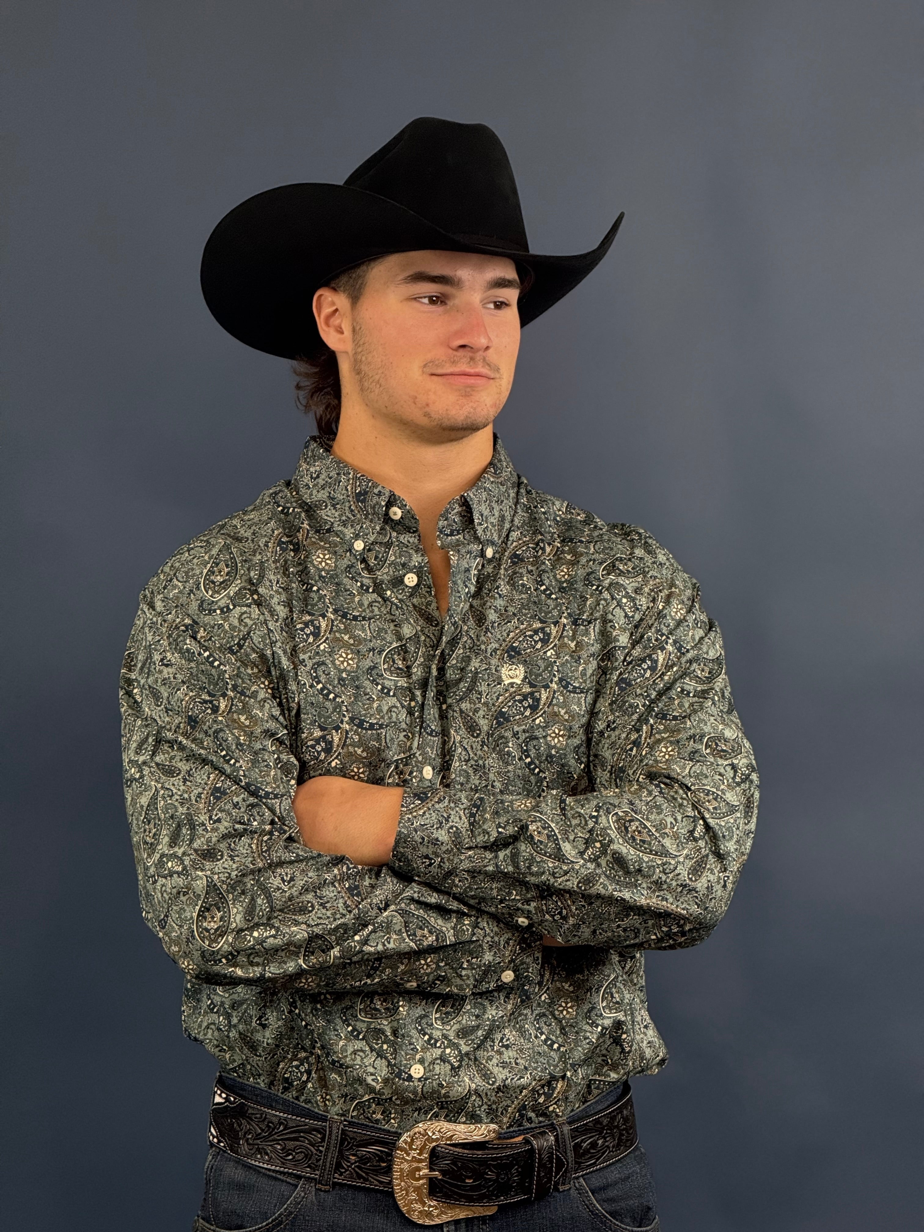 CINCH PAISLEY PRONT BOTTOM DOWN- GREEN LONG SLEEVE SHIRT