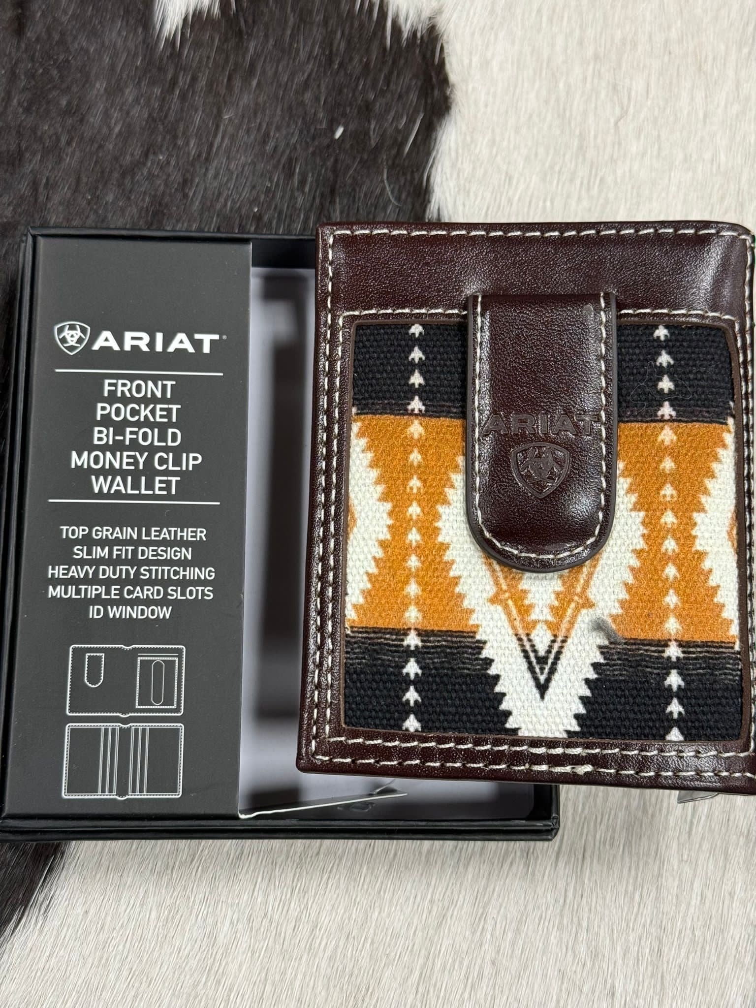 ARIAT FRONT POCKET BI-FOLD MONEY CLIP WALLET DARK BROWN ORANGE MULTI AZTEC