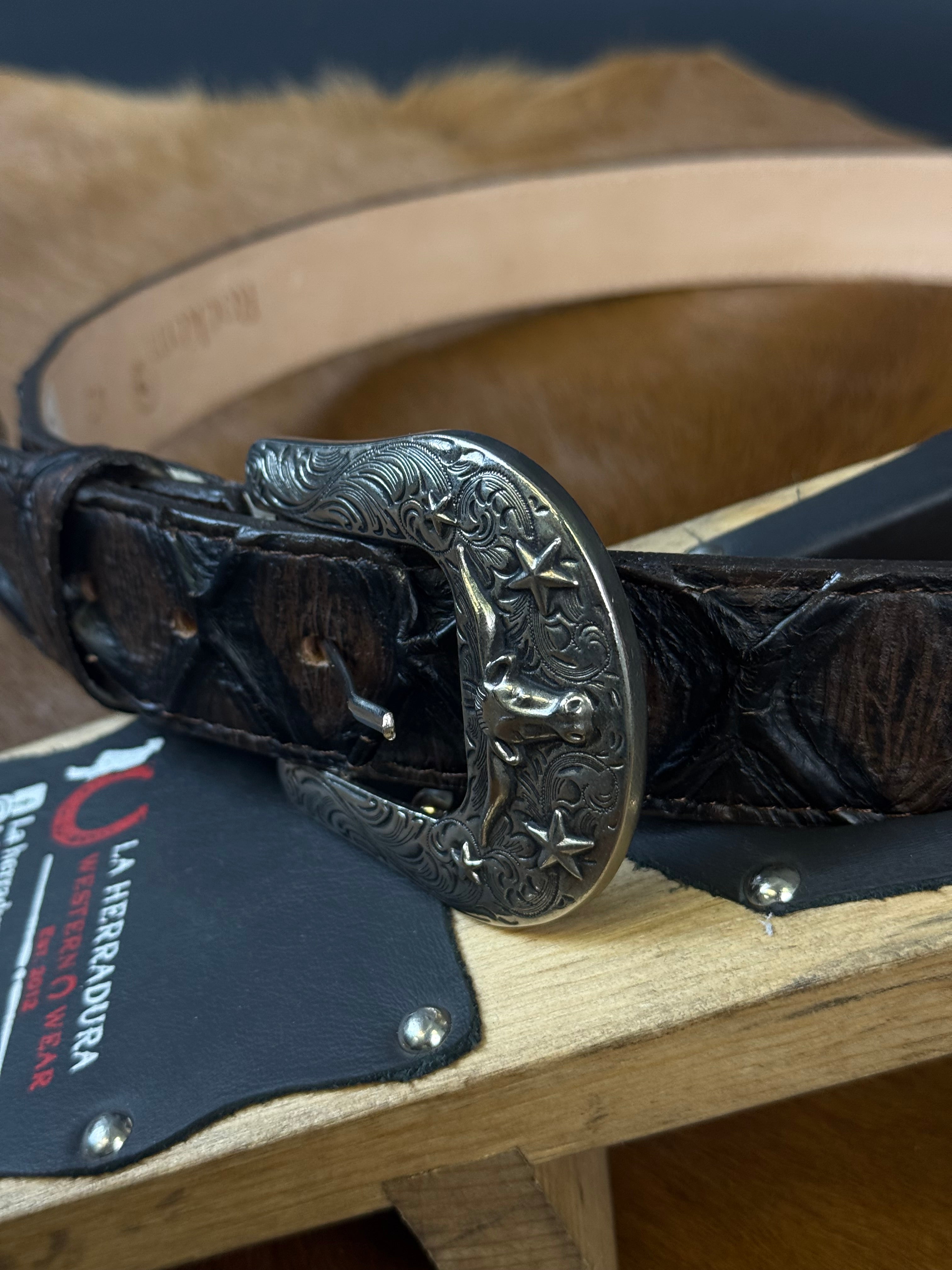 CINTURÓN ROCKEM IMIT FISH SKIN BLACK/BROWN BRILLOSO