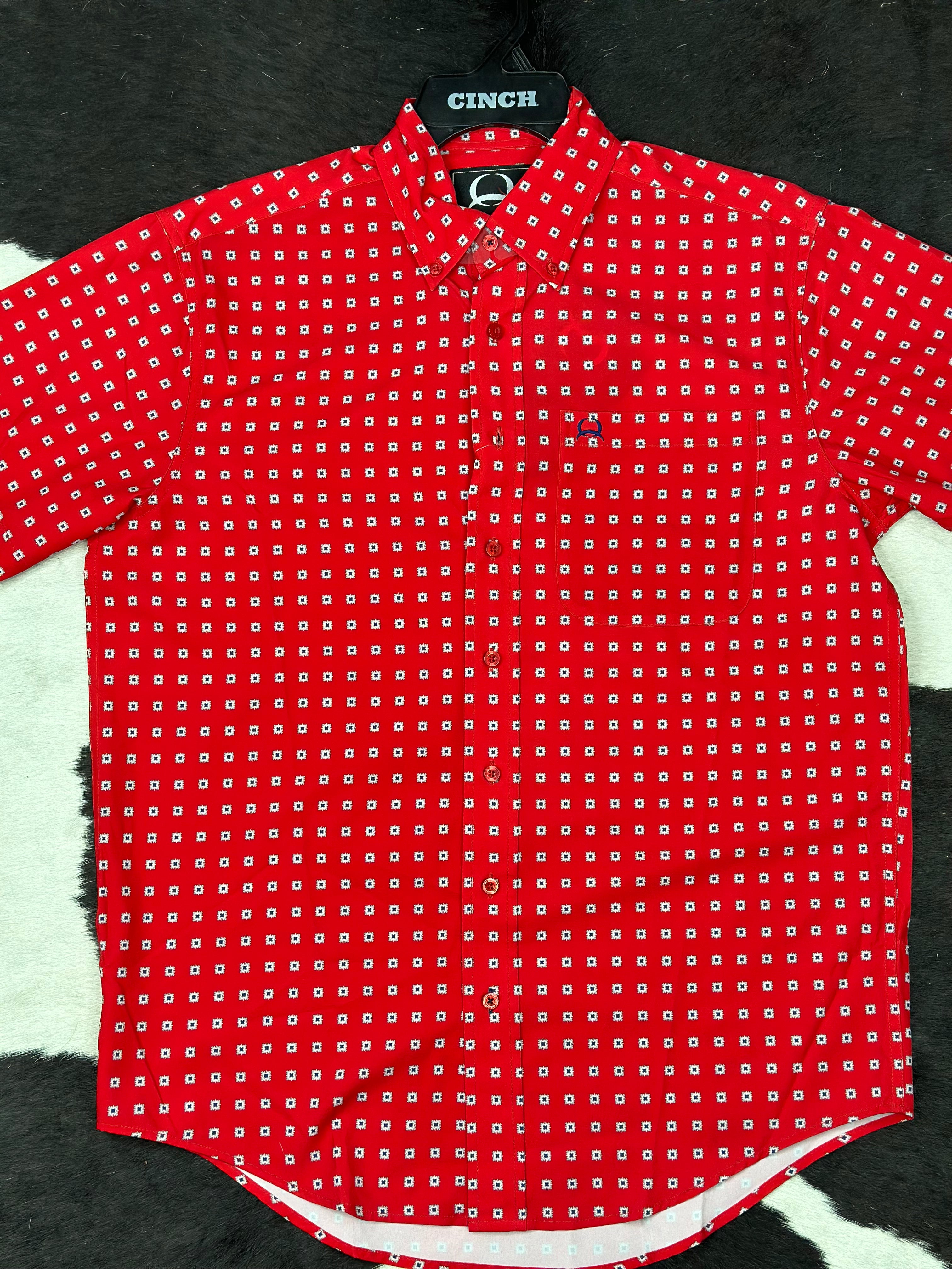 CINCH RED PRINT BUTTON UP SHORT SLEEVE