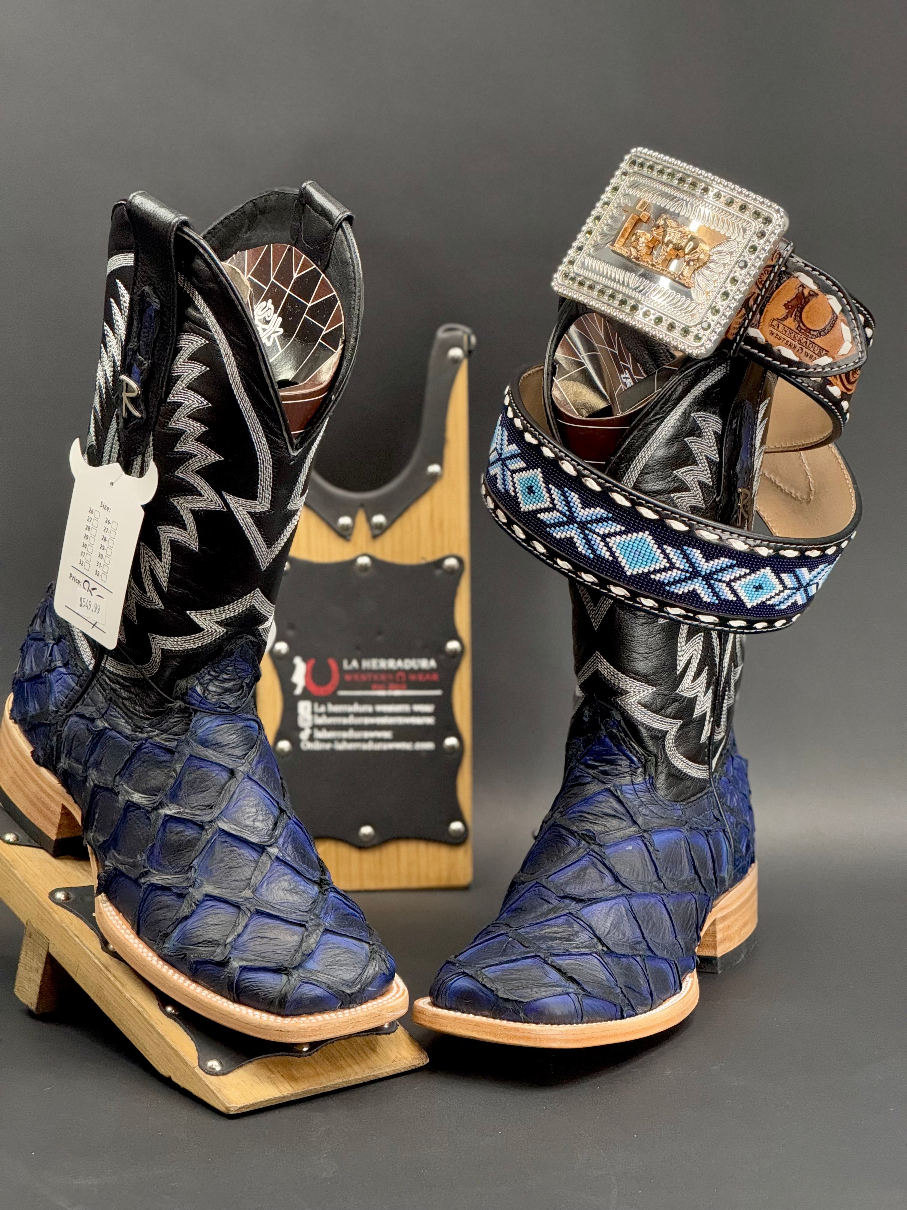 HERRADURA EXOTIC CAMEL BLACK ELECTRIC BLUE SOLAR FISH BOOTS