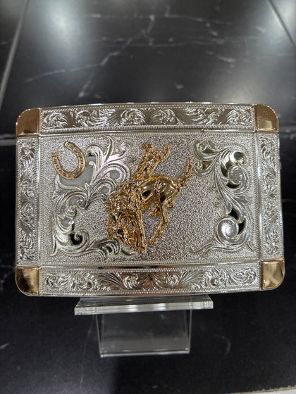 SILVER RECTANGLE BUCKLE W/ GOLD BULL RIDER & HORSE SHOE