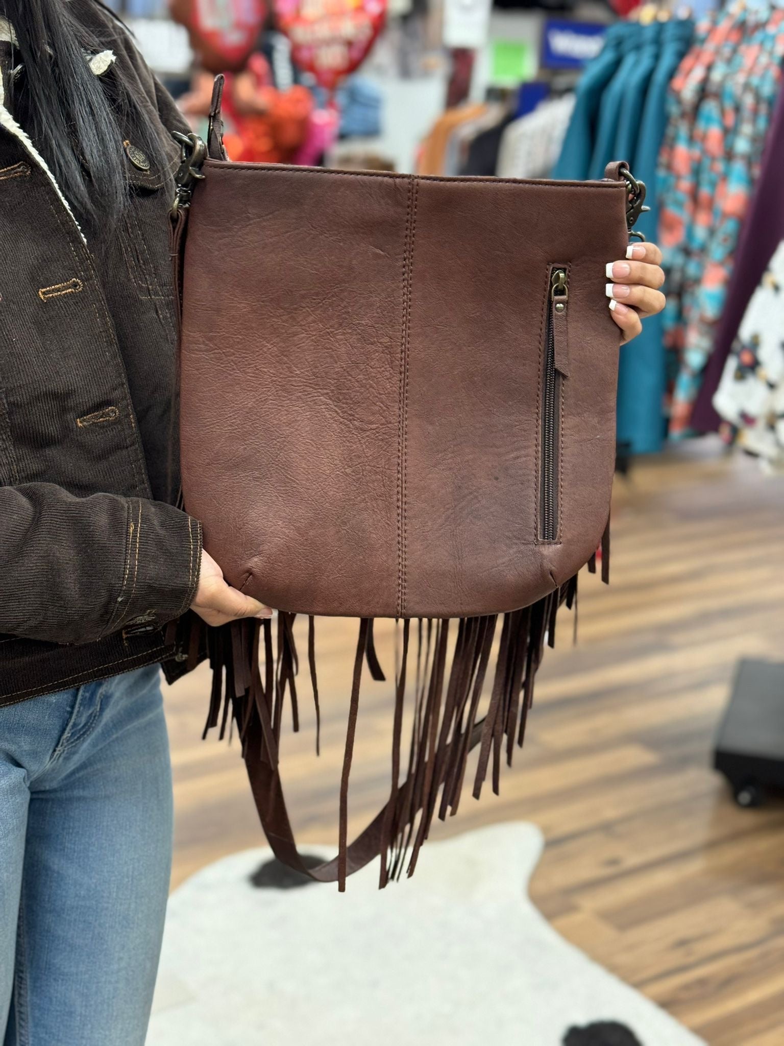 CROSSBODY BAG DARK BROWN HAND TOOLED BLACK & WHITE COWHIDE FRINGE