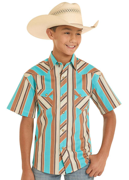 CAMISA MANGA CORTA DE RAYAS VERDE AZULADO/MARRÓN CON BOTONES PARA NIÑOS ROCK&ROLL - BBN3S08652