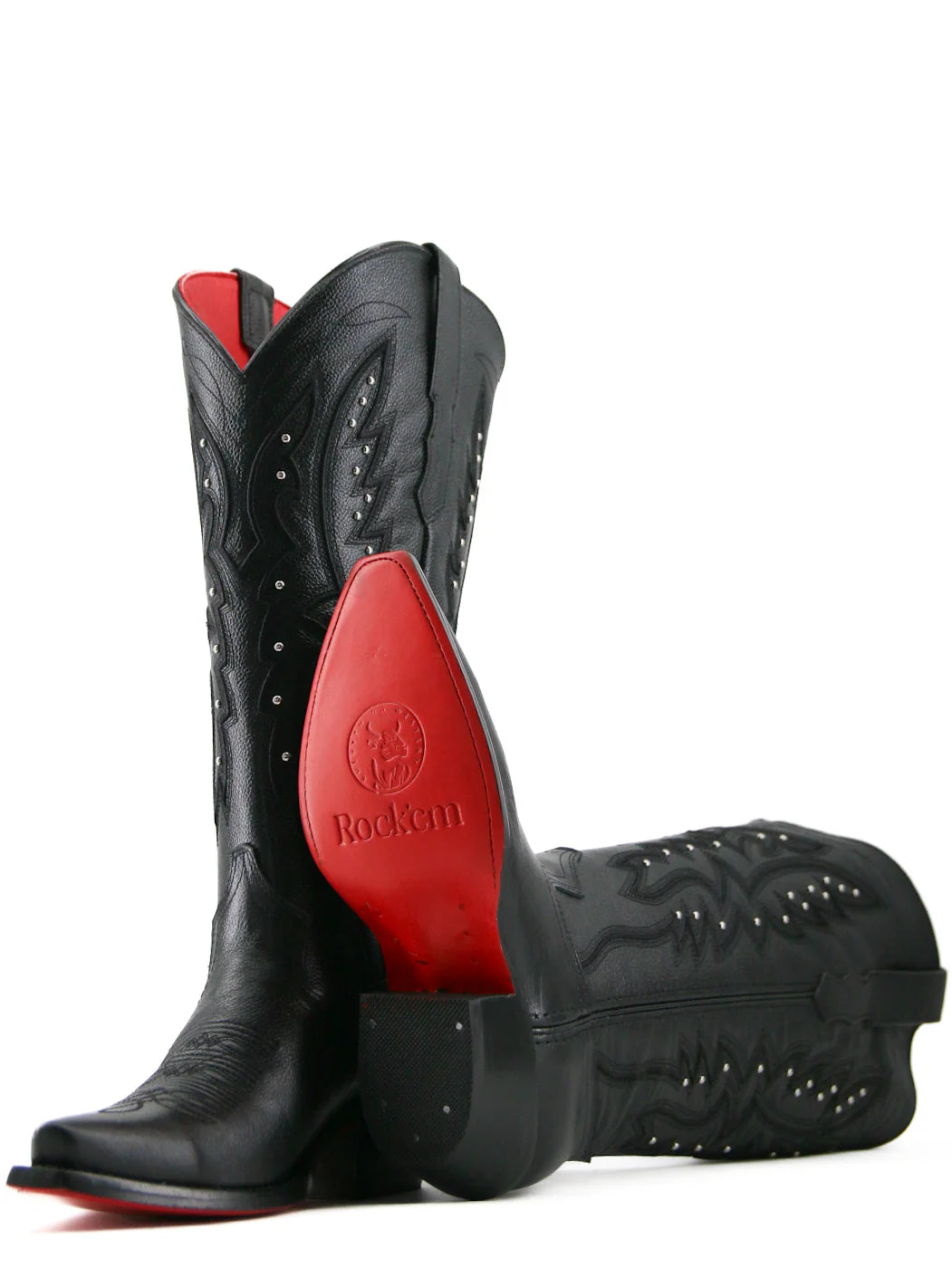 ROCKEM WOMEN “ALEXA” BORREGO BLACK  SNIP TOE WIDE CALF RED BOTTOM BOOT