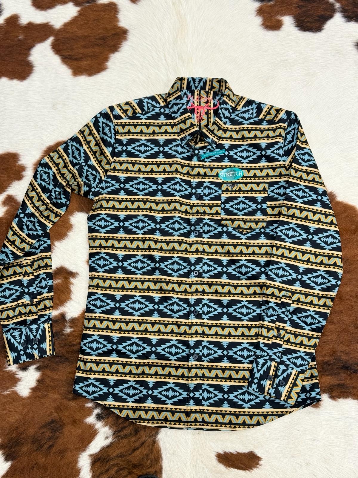 PLATINI BLACK TEAL AZTEC PRINT LONG SLEEVE