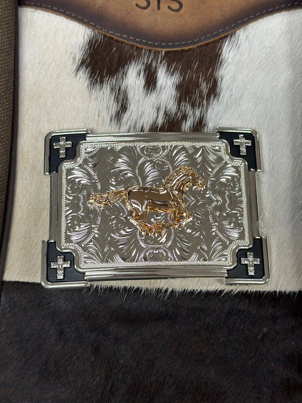 SQUARE POINT CROSS RUNNING HORSE BUCKLE