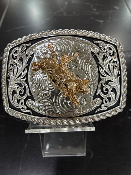 SILVER & BLACK SQUARED BUCKLE W/ GOLD BULL RIDER