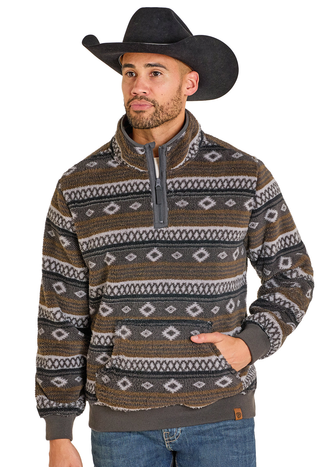 ROCK & ROLL MEN AZTEC PRINT FLEECE  CHARCOAL PULLOVER BM91T07714