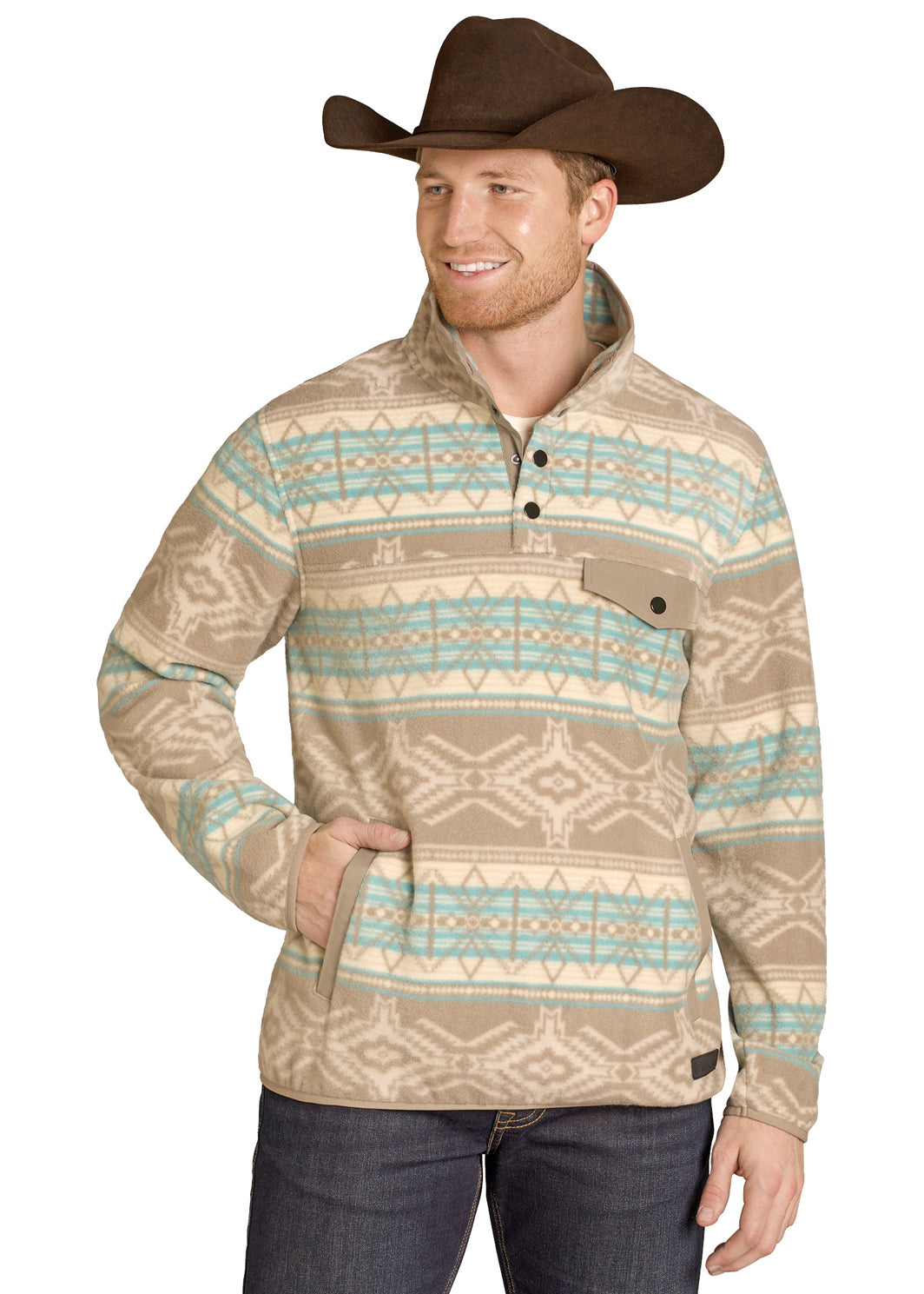 ROCK & ROLL MEN AZTEC FLEECE TAUPE PULLOVER BM91T07720