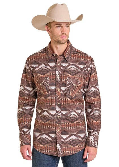 ROCK&ROL PARA HOMBRE RR ESTAMPADO AZTECA MANGA LARGA CON BOTONES A PRESIÓN MARRÓN BMN2S07139