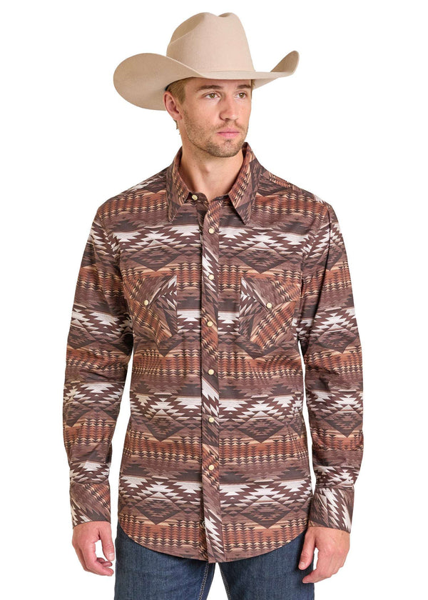 ROCK&ROL PARA HOMBRE RR ESTAMPADO AZTECA MANGA LARGA CON BOTONES A PRESIÓN MARRÓN BMN2S07139