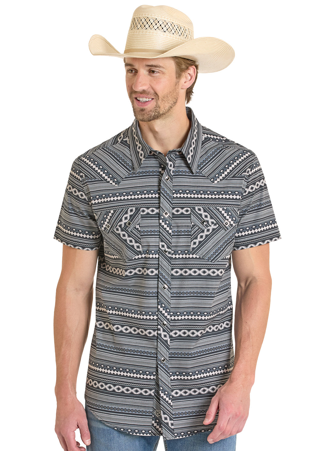 ROCK&ROLL MENS BLACK AZTEC PRINTED SNAP SHIRT - BMN3S08298