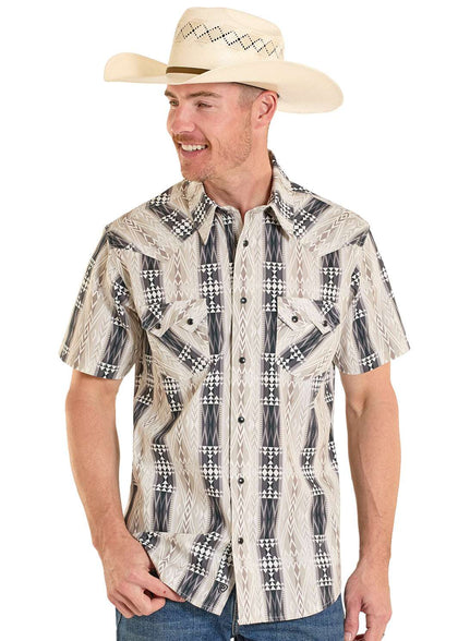 ROCK&ROLL AZTEC PRINTED  SNAP SHIRT MENS BLACK SHORT BMN3S08301