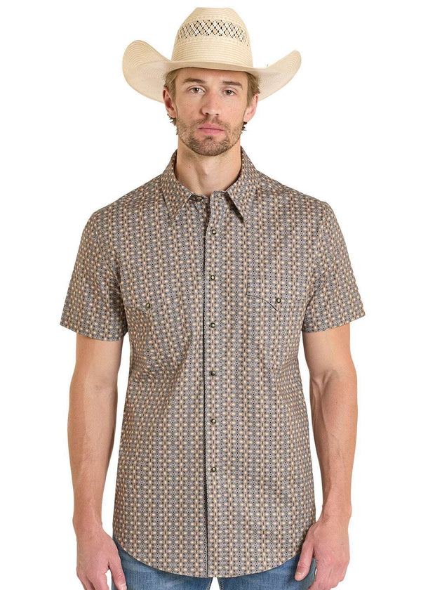 CAMISA ROCK&ROLL HOMBRE RR ESTAMPADO GEOMÉTRICO CON BOTONES A PRESIÓN MARRÓN OSCURO BMN3S08307