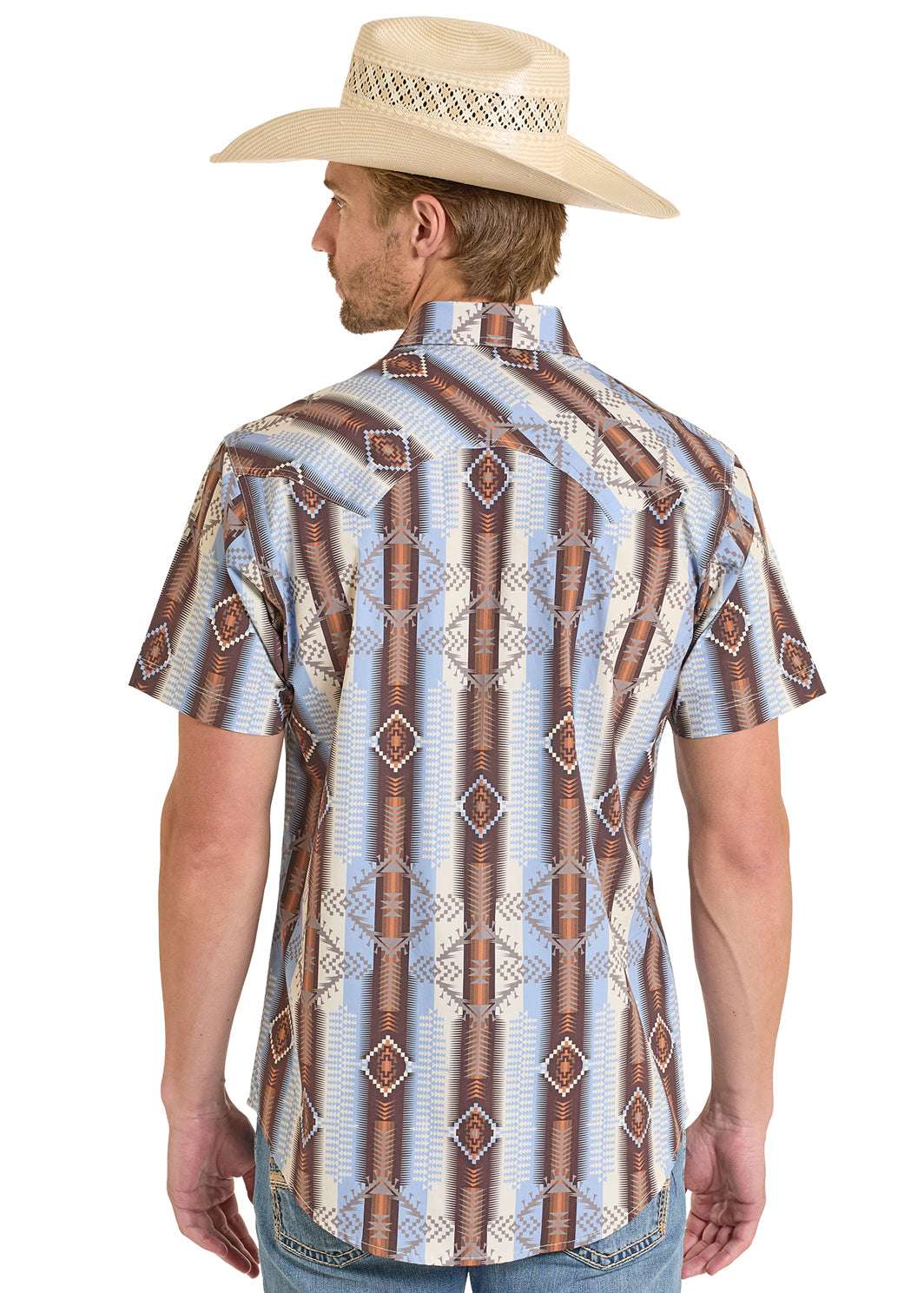 ROCK&ROLL MENS RR AZTEC PRINTED SHORT SHIRT POWDER BLUE- BMN3S08311 Laherradurawwnc.com