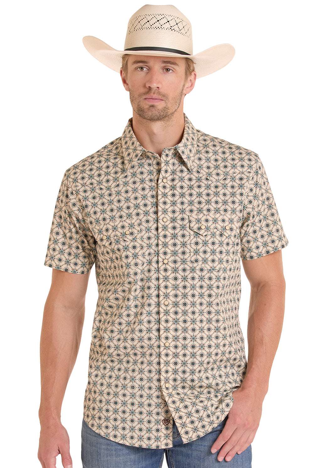 ROCK&ROLL SHIRT MENS TEAL RR MEDALLION PRINTED SS BMN3S08648 - La