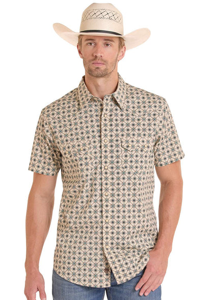 ROCK&ROLL SHIRT MENS TEAL RR MEDALLION PRINTED SS BMN3S08648